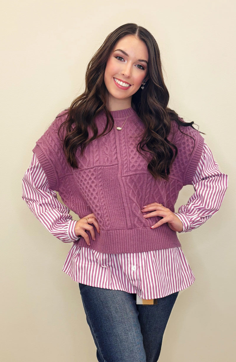 Purple Sweater with Striped Sleeves - Mini Mee Boutique