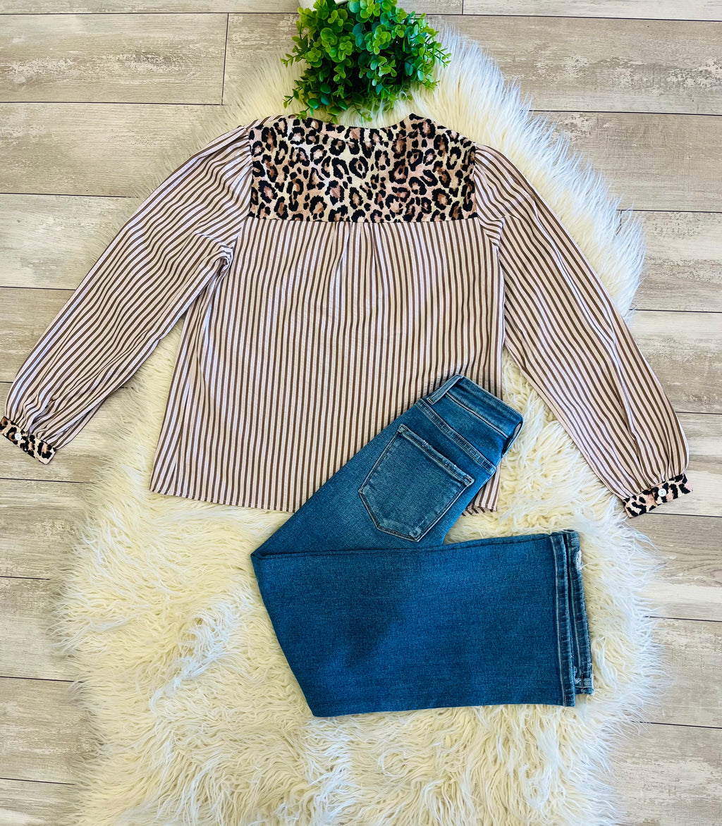 Women’s Brown Stripes with Leopard Trim Along The Neckline & Button Placket Blouse