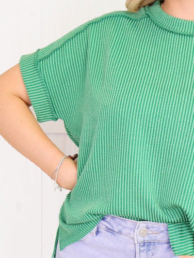 Cuff Sleeve Ribbed Top - Green