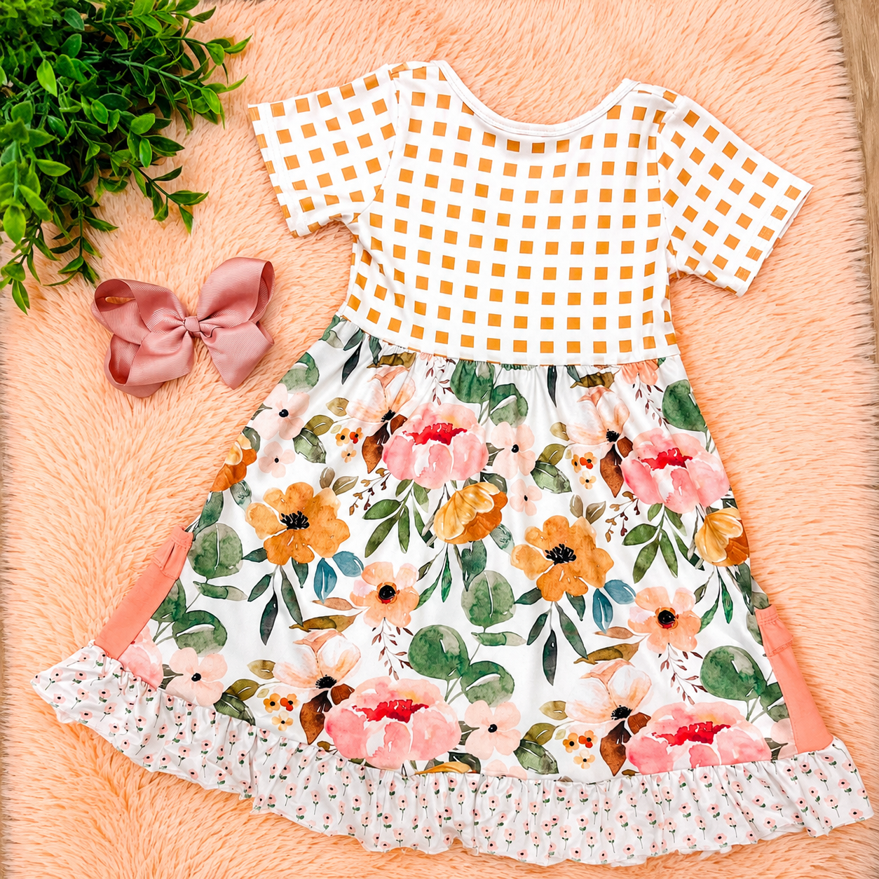 Girl’s Floral Checkered Dress