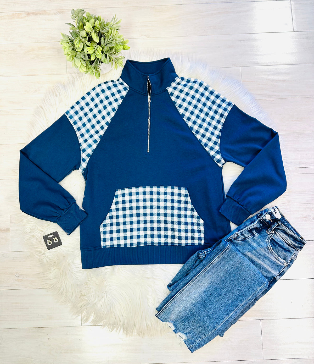 Women’s Evermmee Blue Gingham Quarter Zip Sweater Top - True to Size