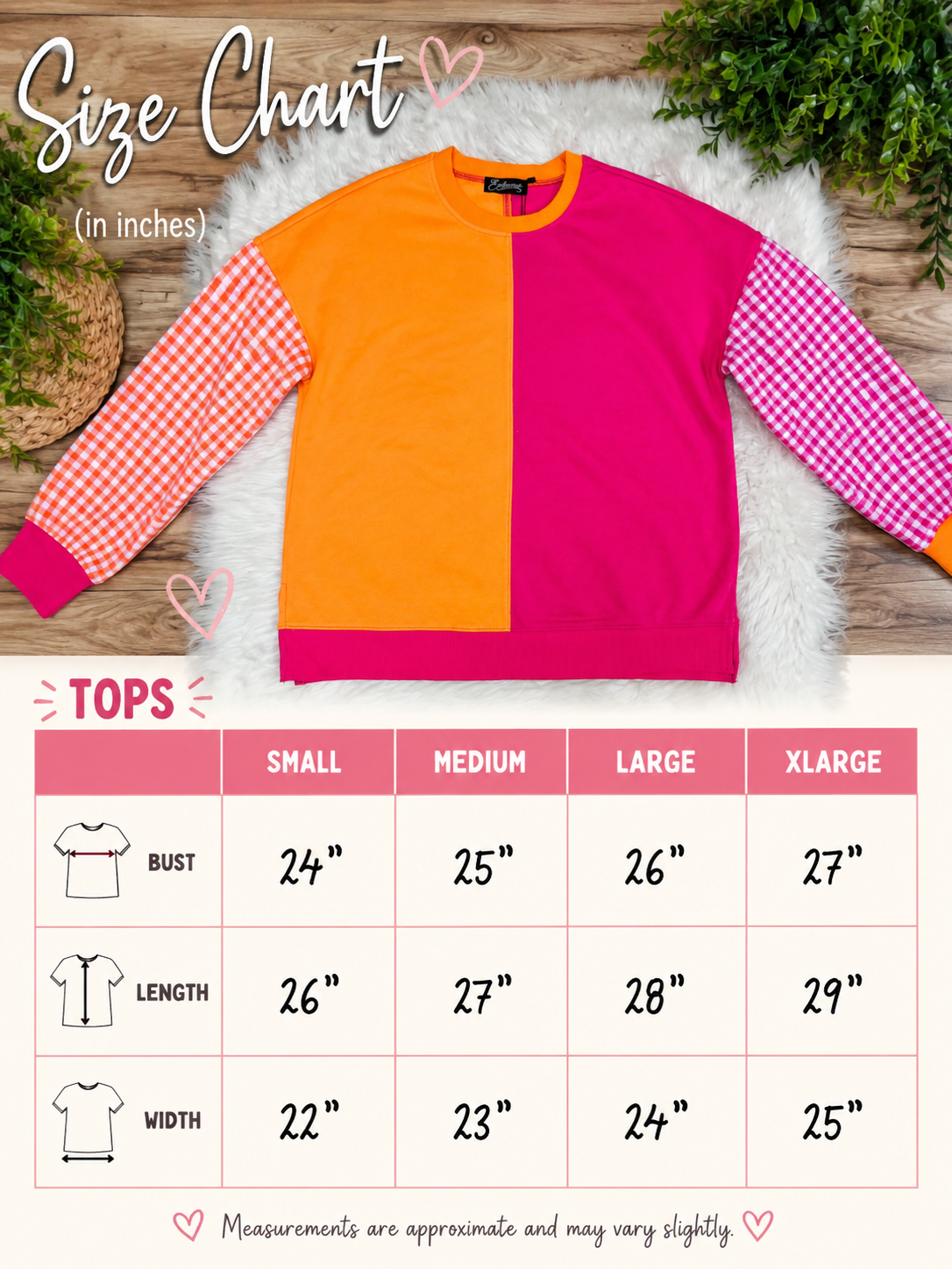 Women’s Evermmee Pink & Orange Color Block Top with Gingham Print Sleeves- True to Size