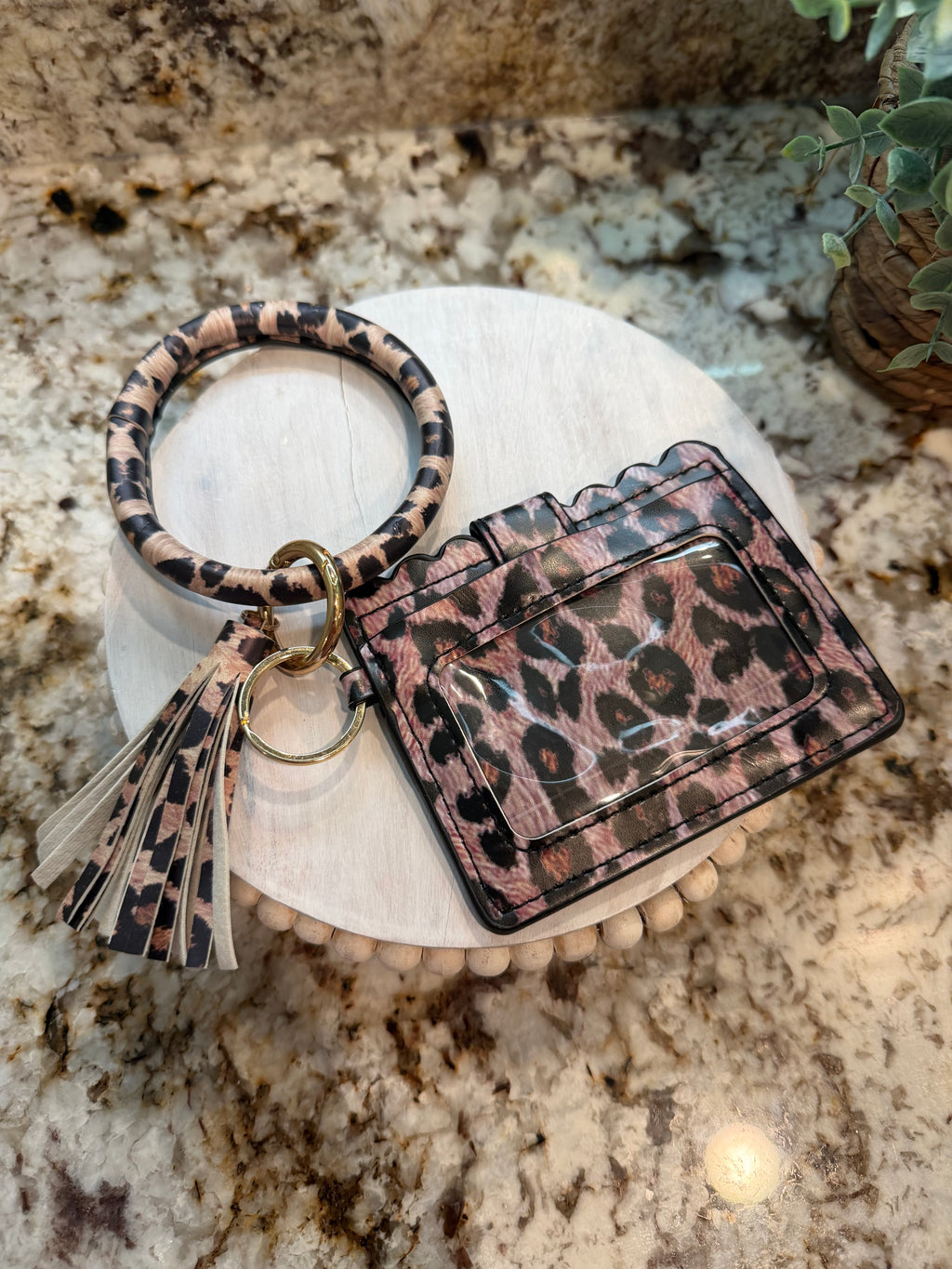 Wristlet ID Badge Pouch Keychain Leopard Leather