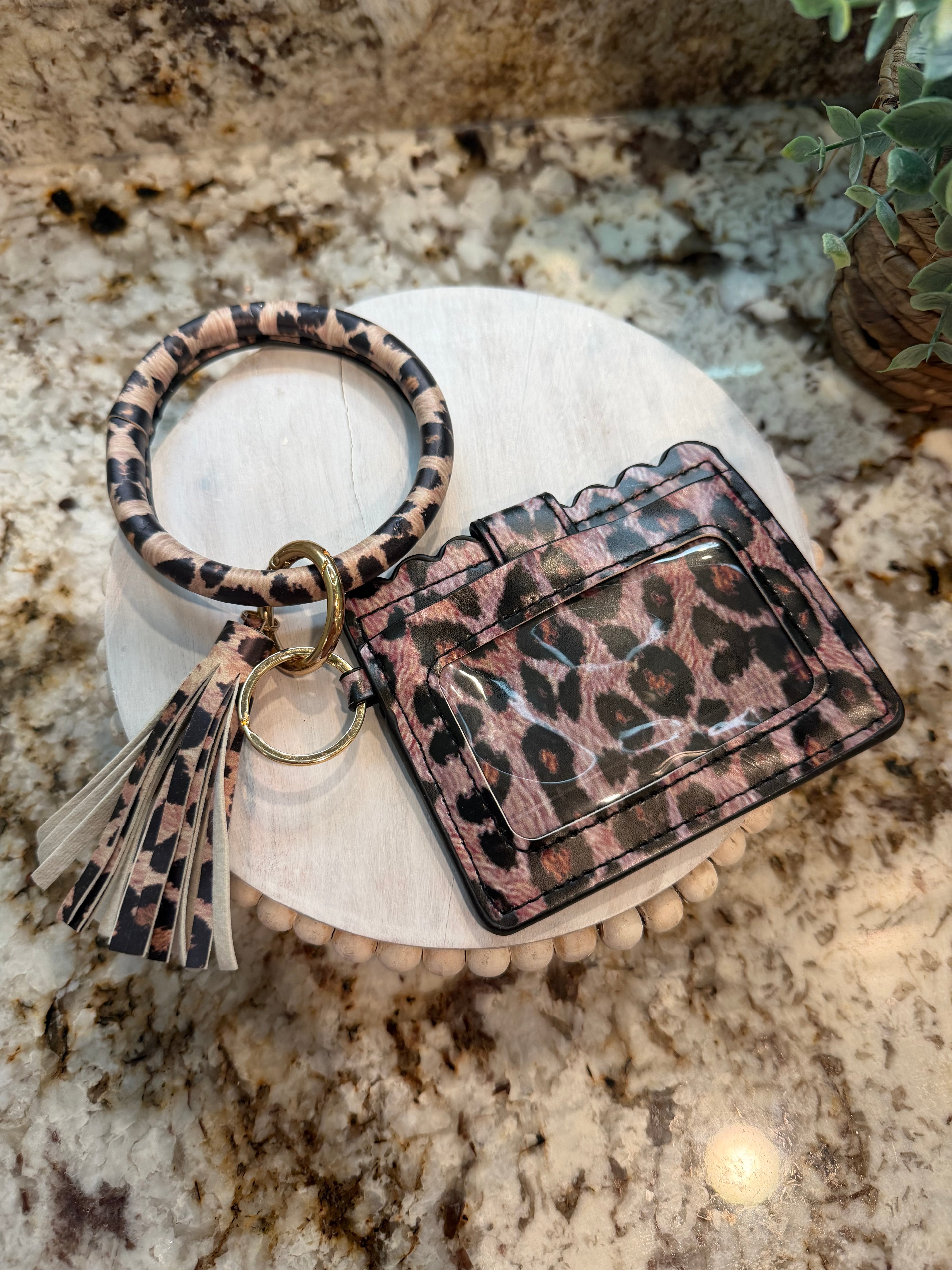Wristlet ID Badge Pouch Keychain Leopard Leather