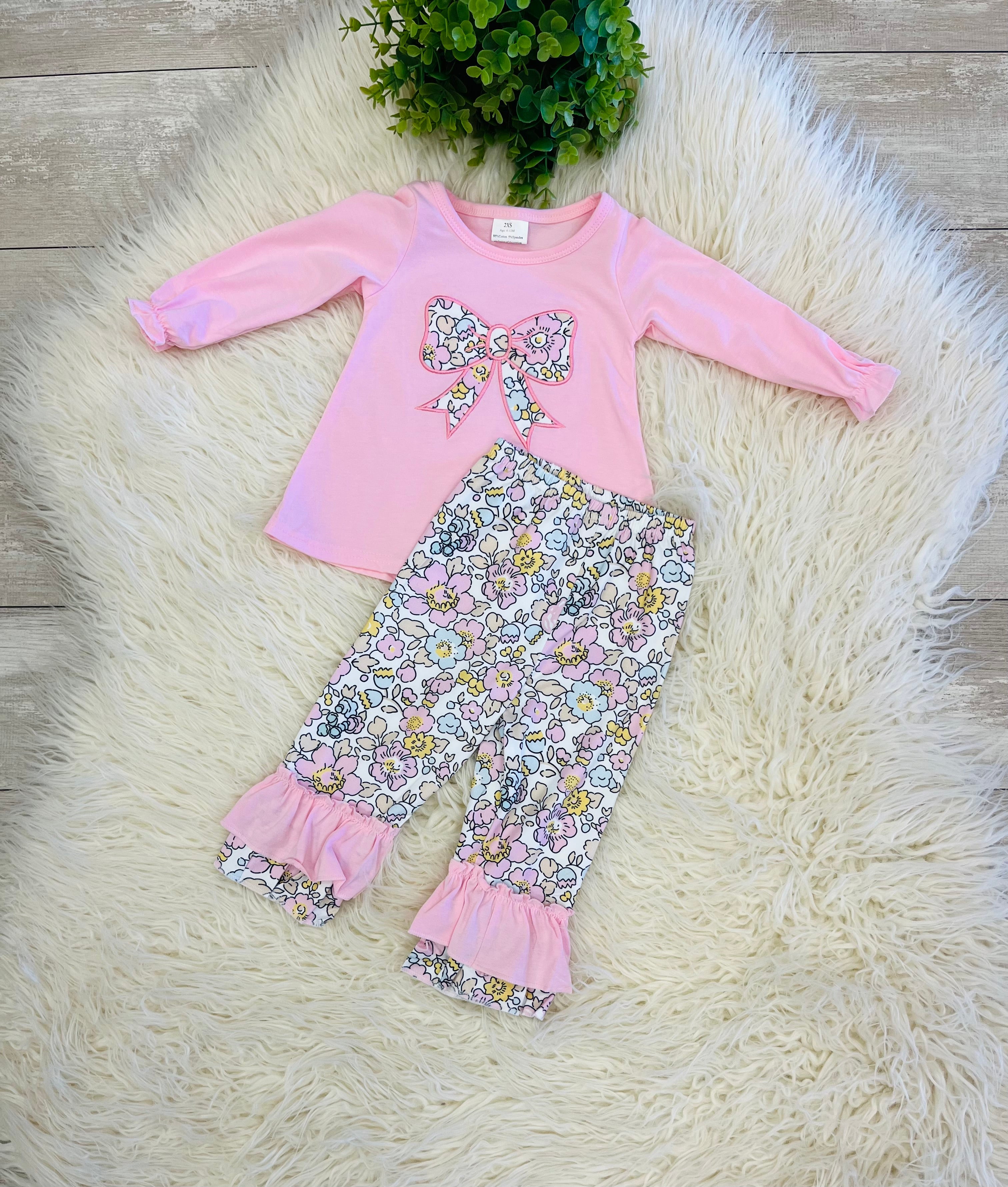 Girls Pink Bow Floral Ruffle Pant Outfit