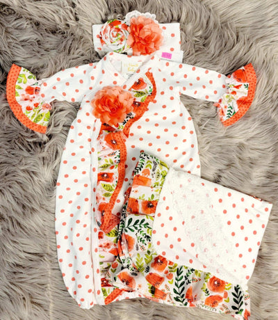 Baby Red Polka Dot Gown 3 Piece Set (Gown, Headband, and Blanket) - Mini Mee Boutique
