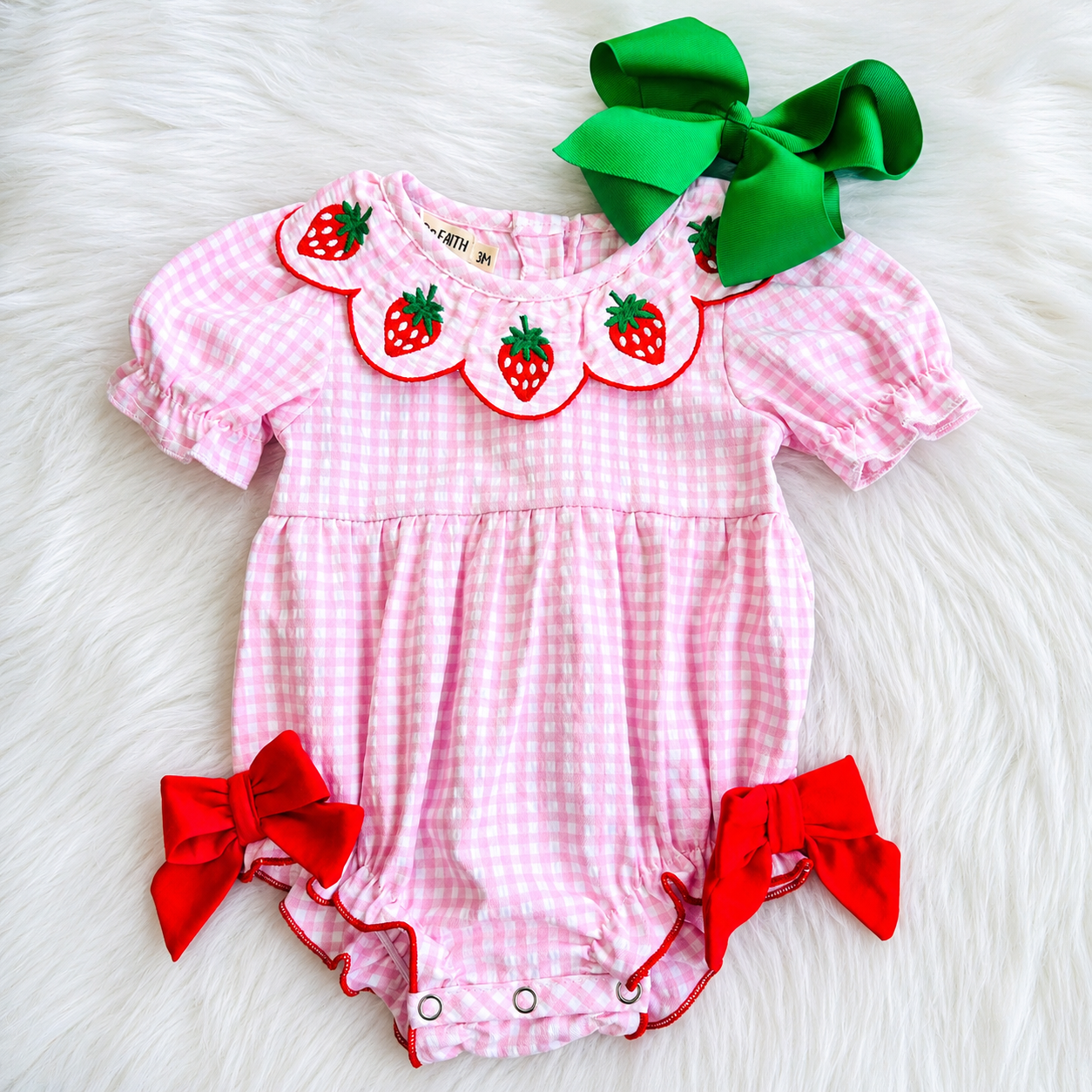 Girls Rylee Faith Pink Gingham Strawberry Romper