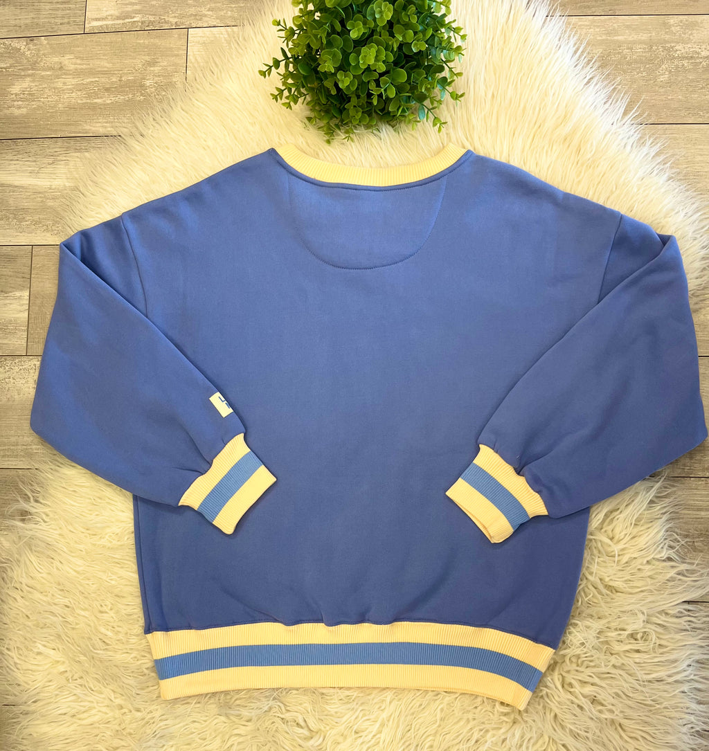 Women’s LuLu Mac Blue & Butter Yellow Striped Ribbed Trim Sweatshirt