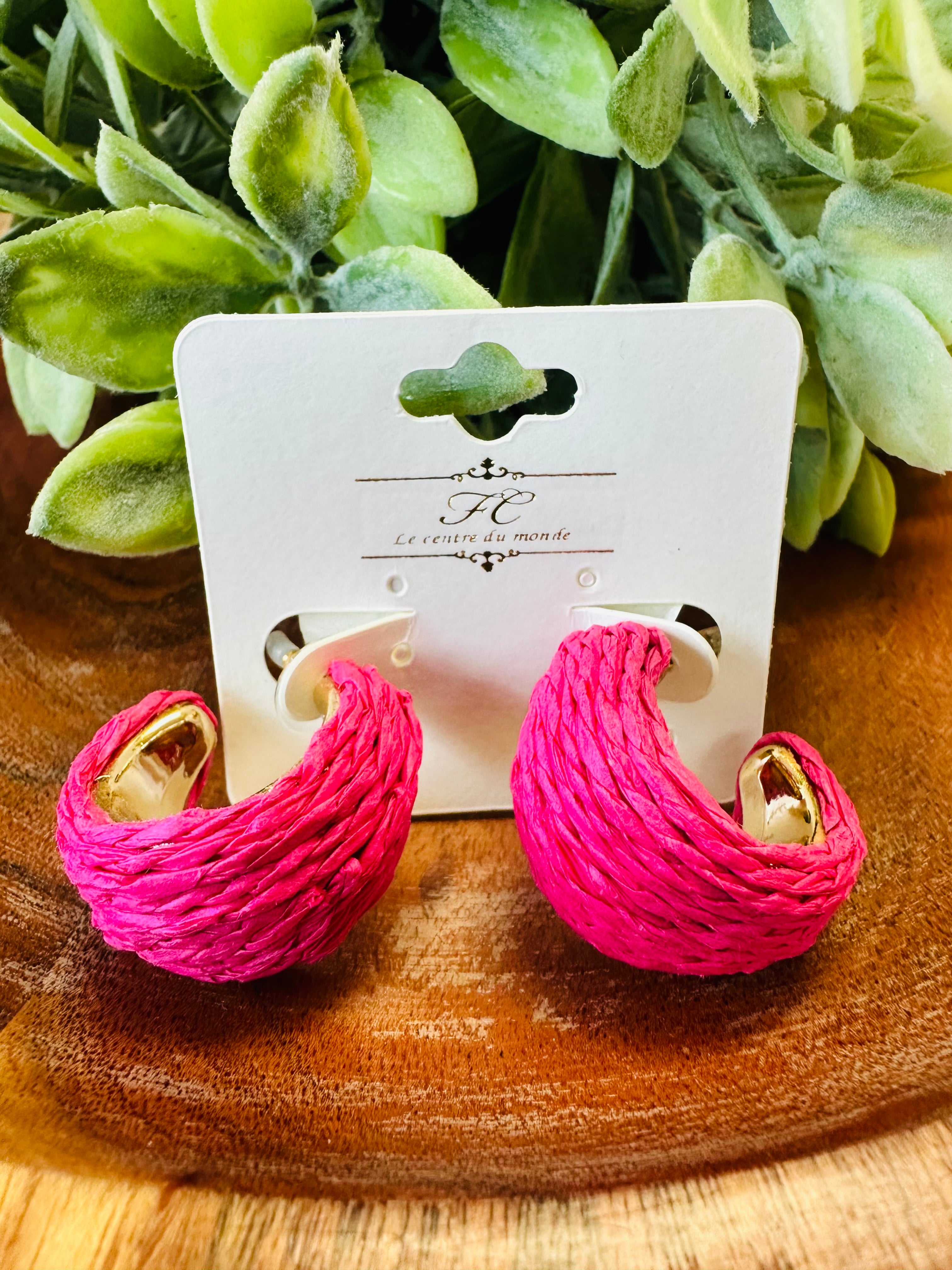 Women’s Gold and Hot Pink Wooven Hoops Earrings