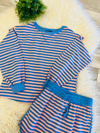 Women’s Evermmee Pink+Blue Stripped Long Sleeve Scort Set