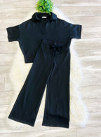 Women’s Zenana Short Sleeve Collared Scuba Set in Jet Black