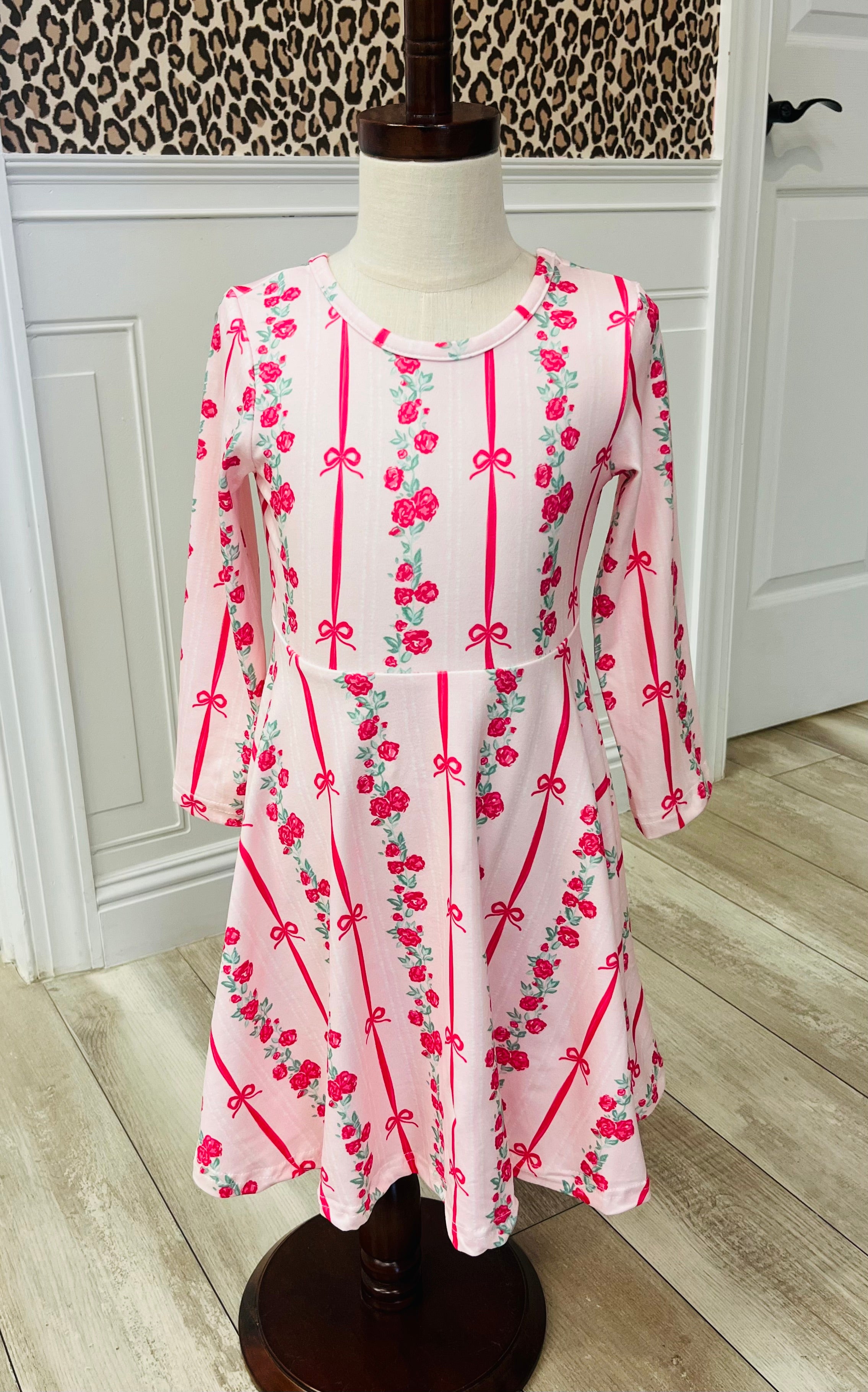 Girl’s Bow Rose Dress Long Sleeve Twirl Dress