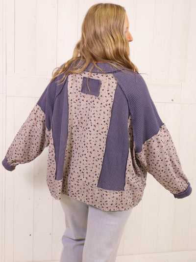 POL Blue Floral Oversized Top - Sweater Pullover