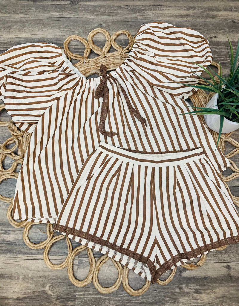 Umgee Striped 2 Piece Shorts Set Brown - Mini Mee Boutique