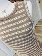 Women’s Blue Pepper Taupe Stripe Button Down Back Dress
