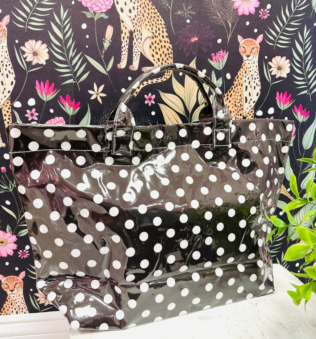 Women’s Brown and White Polka Dot Vinyl Tote Bag