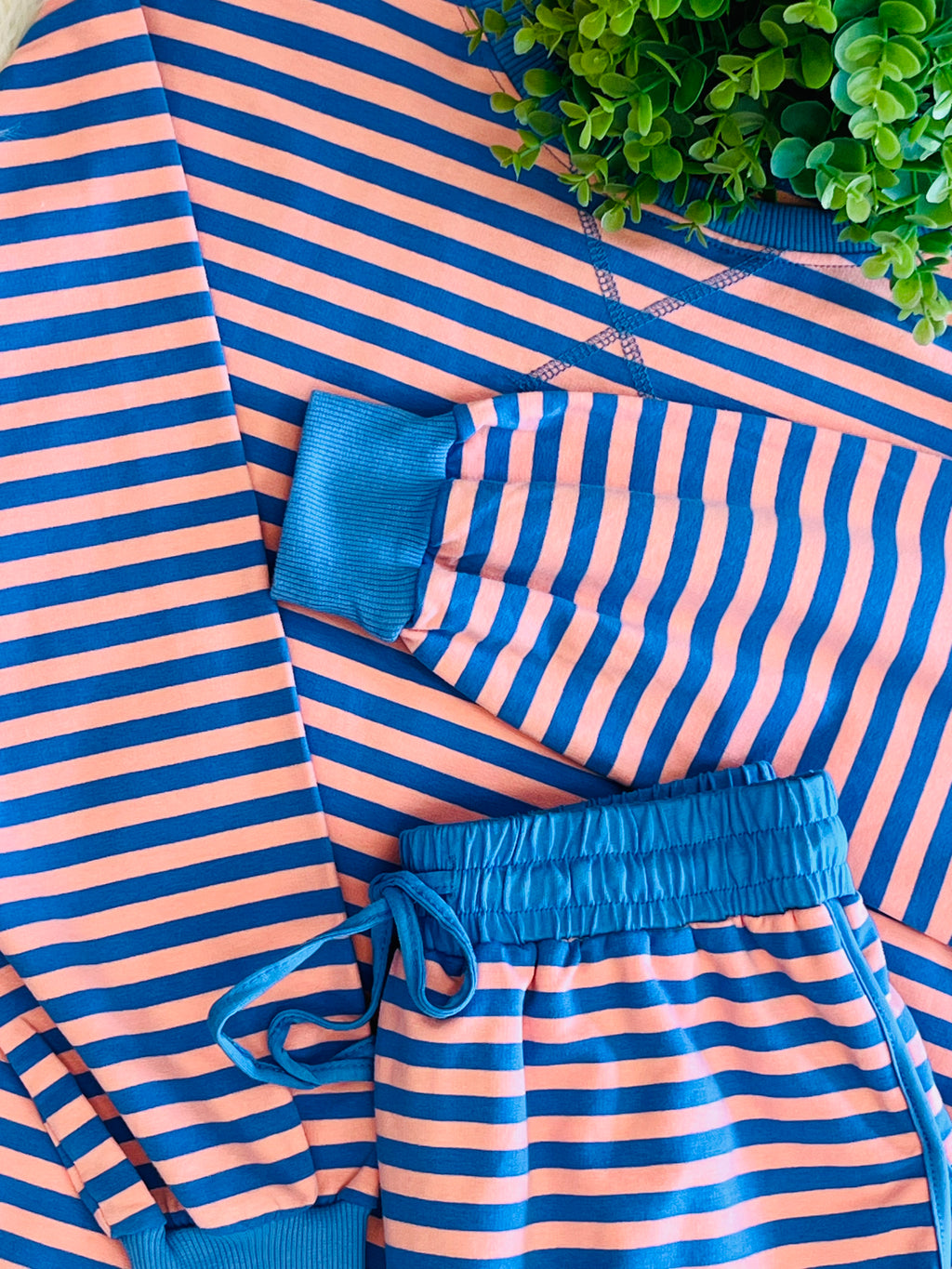 Women’s Evermmee Peach+Blue Stripped Long Sleeve Skort Set
