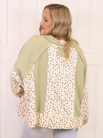 POL Olive Floral Oversized Top - Pullover Sweater
