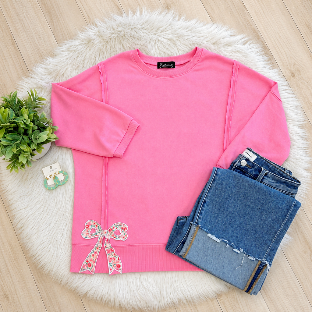 Women’s Evermmee Pink Oversized Top with Floral Bow Patches