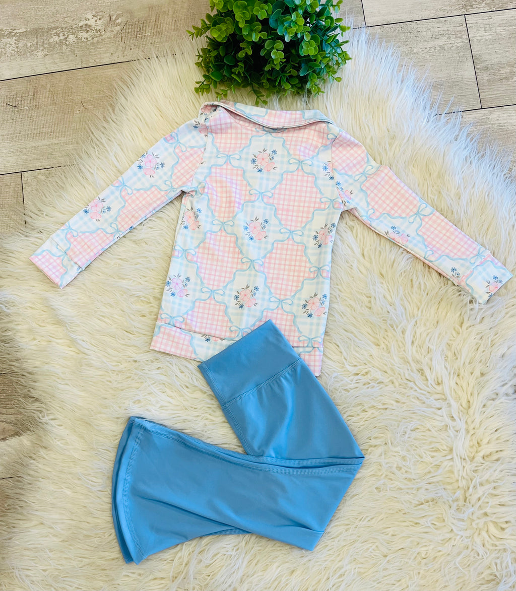 Girl’s Cute Pink Plaid And Floral Bow Outfit