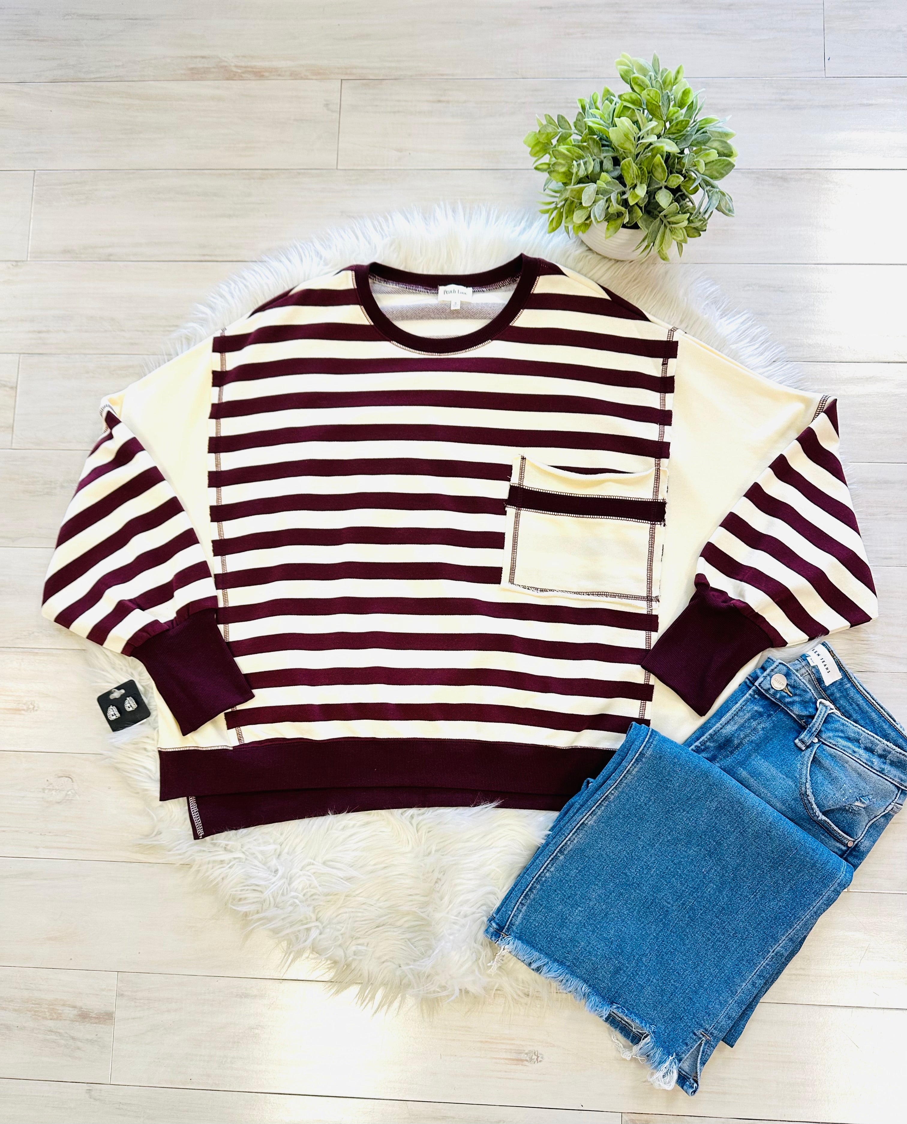 Women’s Peach Love Striped Burgundy Sweater Top