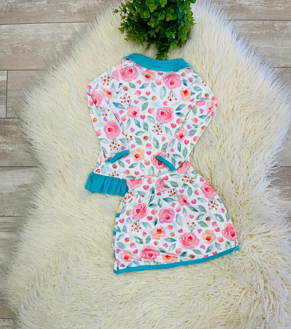 Girl’s Teal Floral Ruffle Quarter Zip Skort Outfit