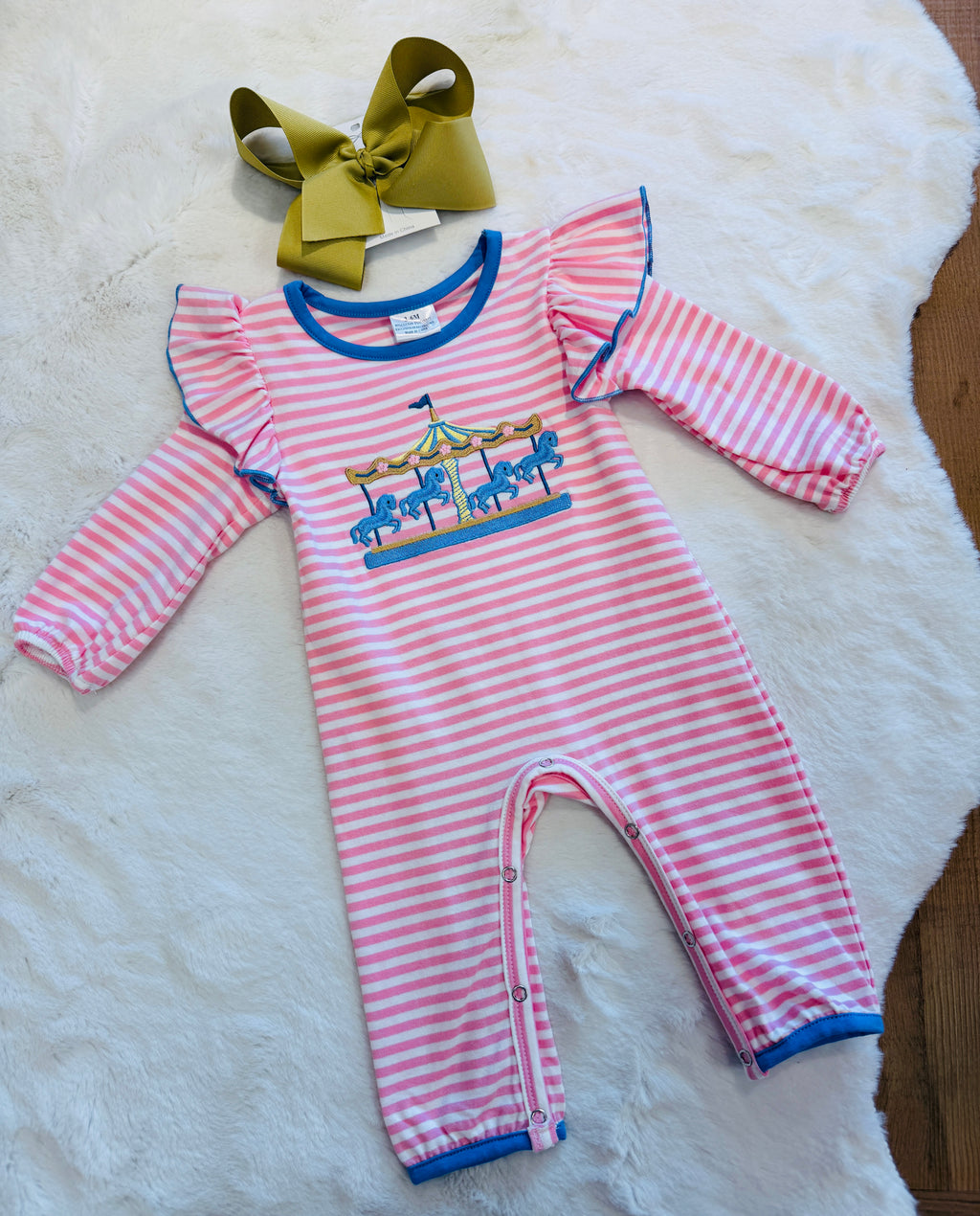Girls Pink Carousal Embroidered Romper