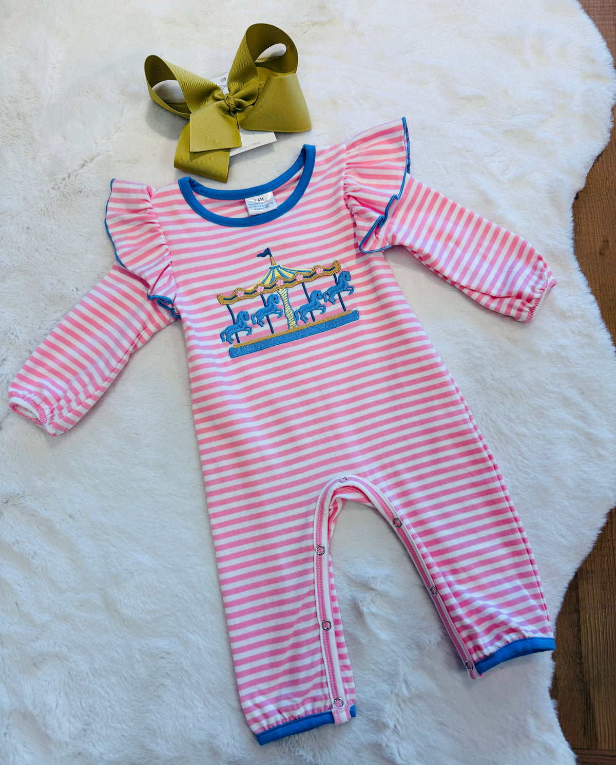 Girls Pink Carousal Embroidered Romper