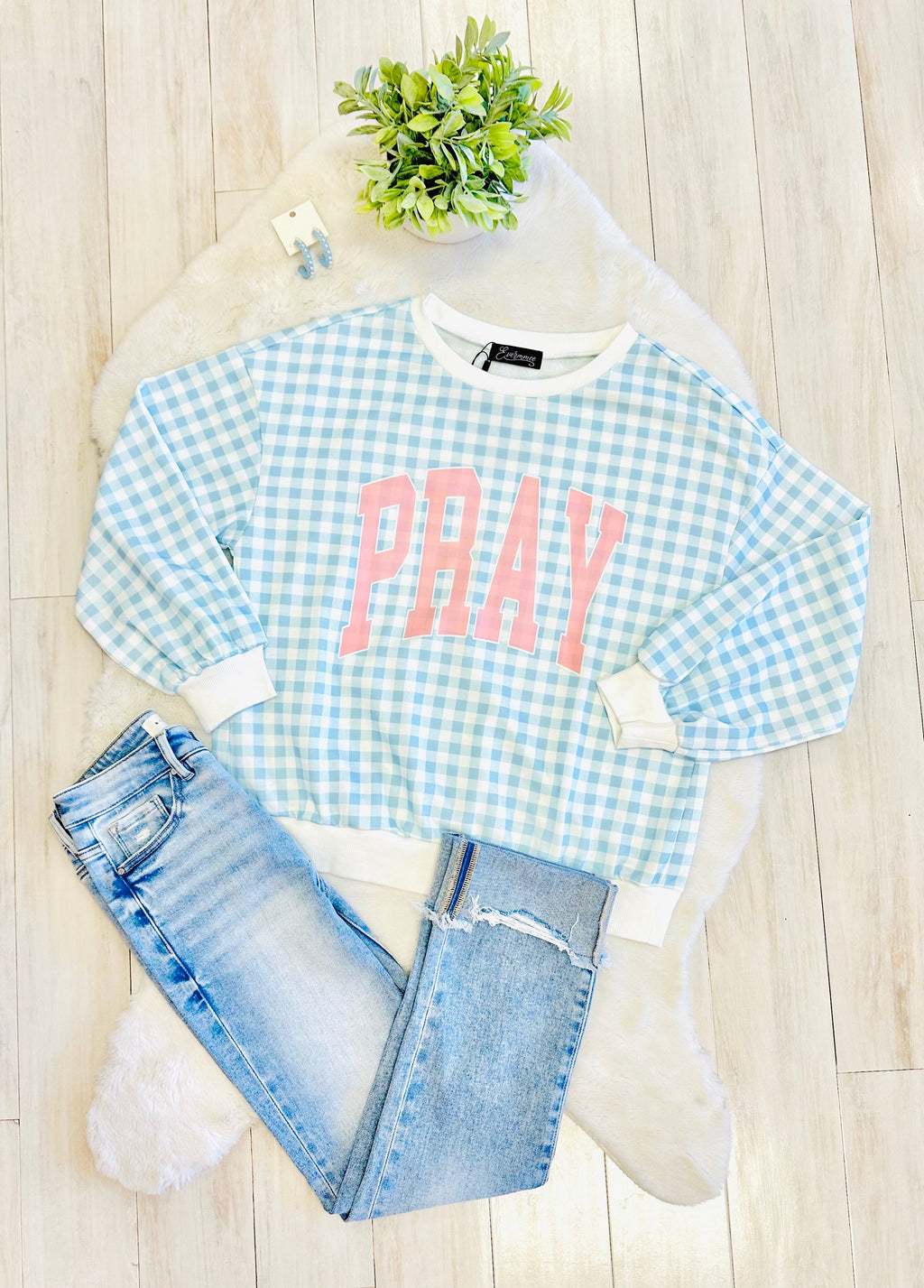 Women’s Blue Gingham Pray Crewneck