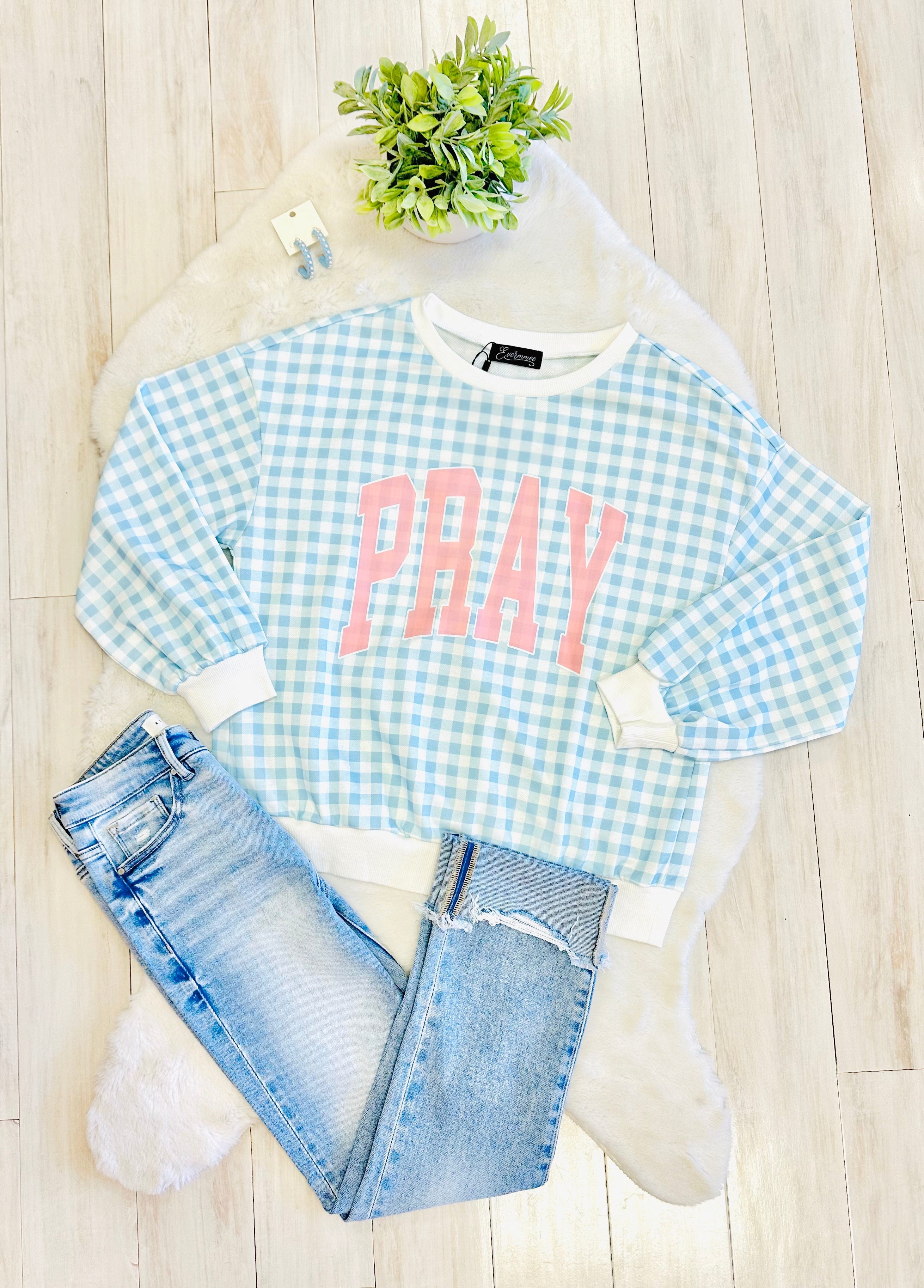 Women’s Blue Gingham Pray Crewneck