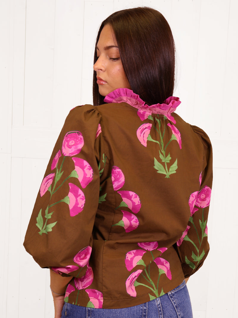 Umgee Mocha Floral Split Neck Top