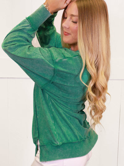 Dark Green Acid Wash Exposed Seam Sweater Pullover Top