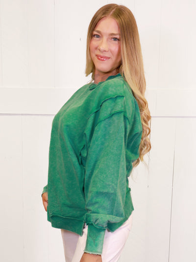 Dark Green Acid Wash Exposed Seam Sweater Pullover Top