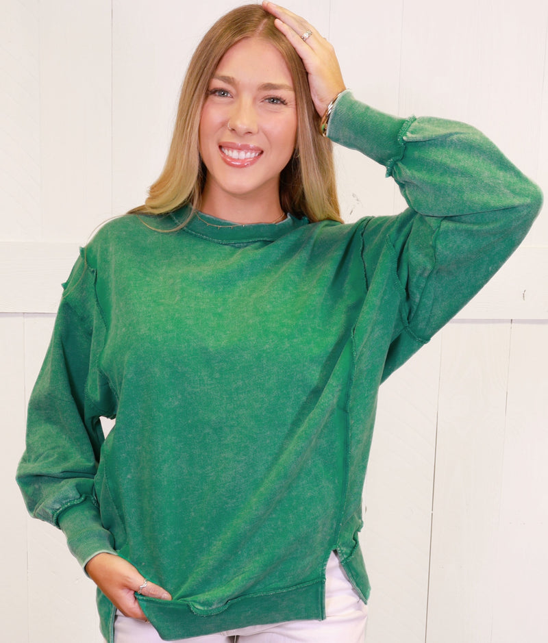 Dark Green Acid Wash Exposed Seam Sweater Pullover Top