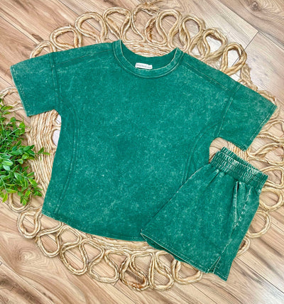 Dark Green  Acid Wash Short Set