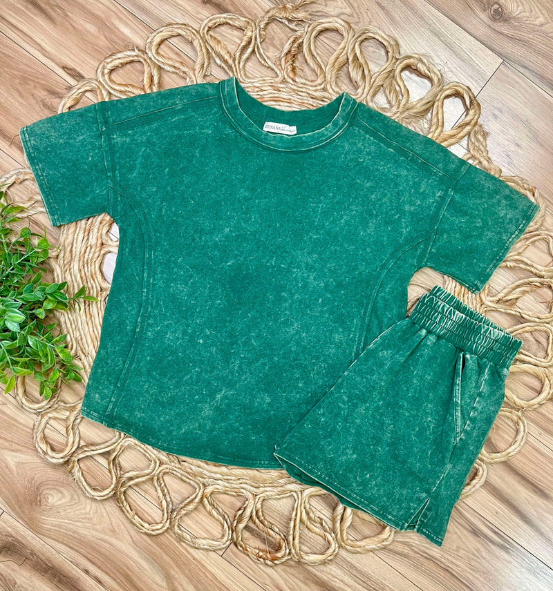 Dark Green  Acid Wash Short Set