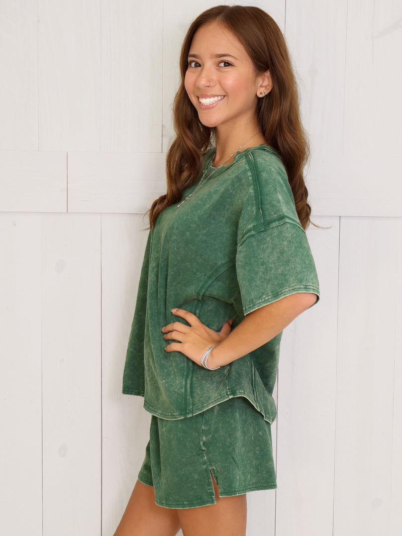 Dark Green  Acid Wash Short Set