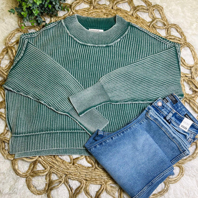 Dark Green Washed Side Slit Oversized Cropped Sweater Pullover Top