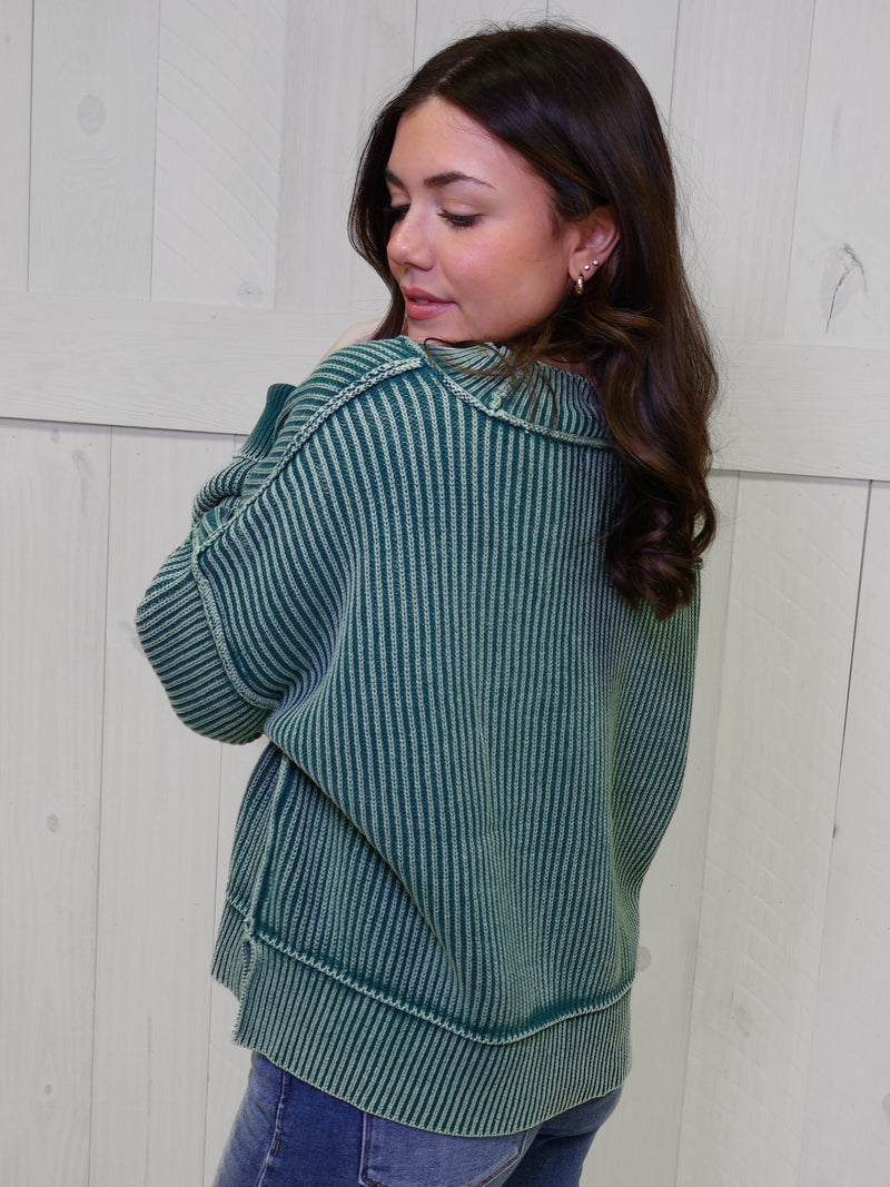 Dark Green Washed Side Slit Oversized Cropped Sweater Pullover Top
