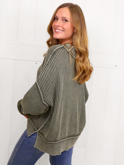 Dark Olive Washed Side Slit Oversized Cropped Sweater Pullover Top