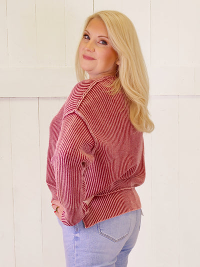 Dark Red Washed Side Slit Oversized Cropped Sweater Pullover Top