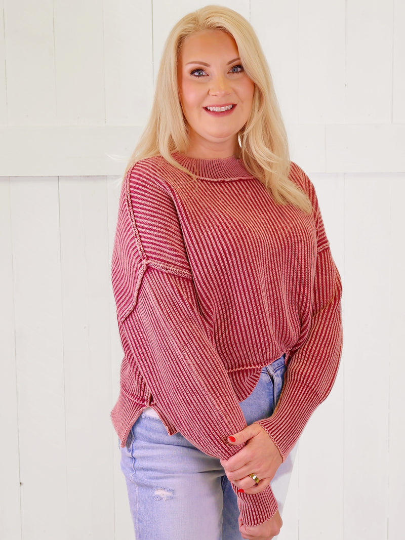 Dark Red Washed Side Slit Oversized Cropped Sweater Pullover Top