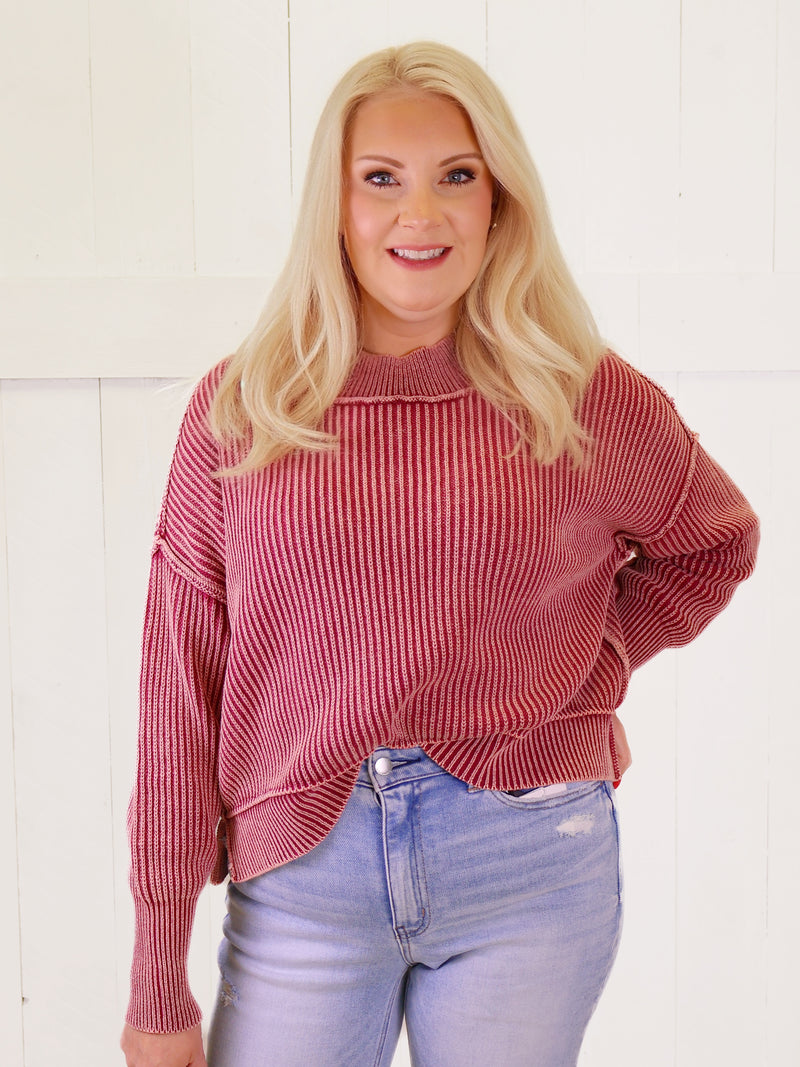 Dark Red Washed Side Slit Oversized Cropped Sweater Pullover Top