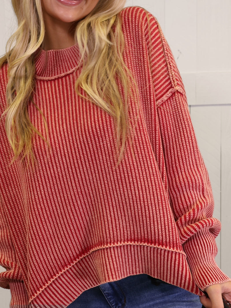 Dark Red Washed Side Slit Oversized Cropped Sweater Pullover Top