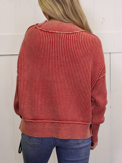 Dark Red Washed Side Slit Oversized Cropped Sweater Pullover Top