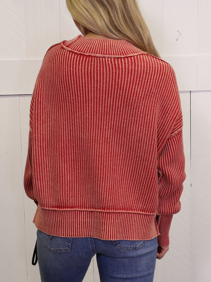 Dark Red Washed Side Slit Oversized Cropped Sweater Pullover Top