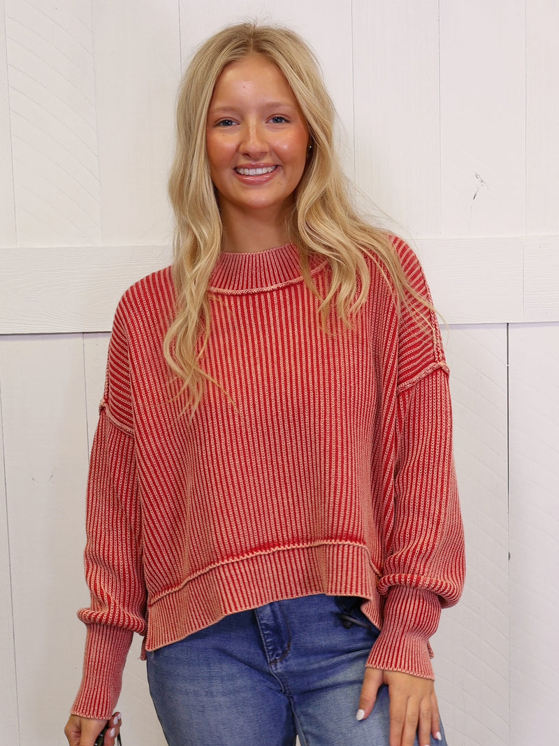 Dark Red Washed Side Slit Oversized Cropped Sweater Pullover Top