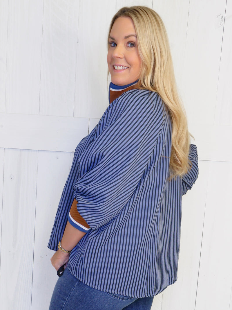 Denim Blue Stripe Half Zip CollaredTop