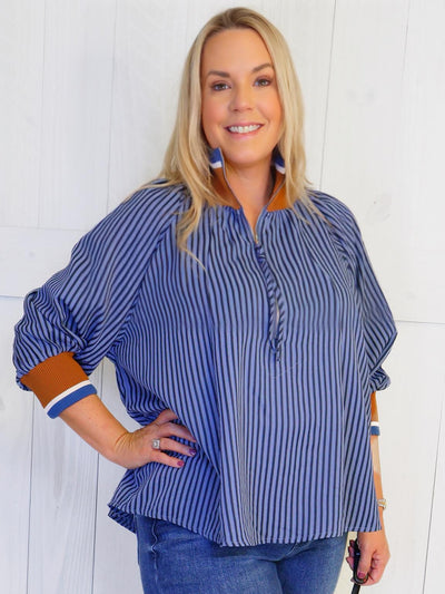 Denim Blue Stripe Half Zip CollaredTop