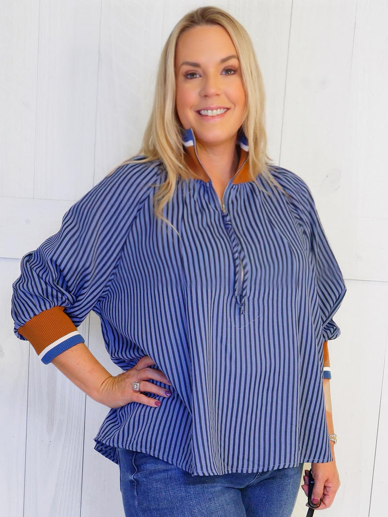Denim Blue Stripe Half Zip CollaredTop